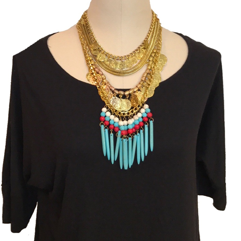Gold coin and turquoise statement necklace jewelry